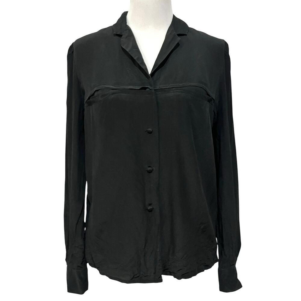 Le Sooik Womens Silk Top Black Button Up Blouse Long Sleeve Size 10